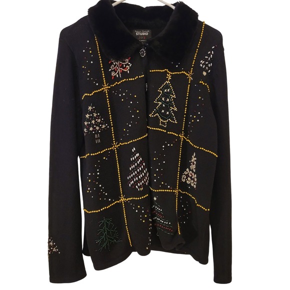 Studio Joy Sweater Cardigan Women M Black Beaded Christmas Trees Faux Fur Collar - Picture 4 of 11